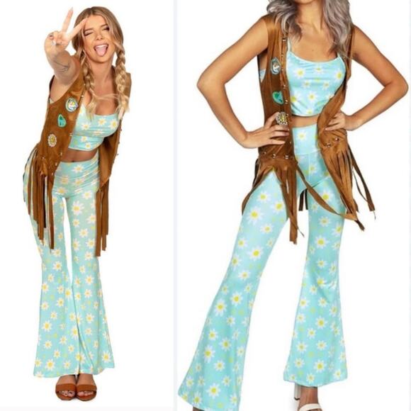 Tipsy Elves Hippie Bell Bottom 60s Halloween Costume Brown Blue Size Small New - Picture 1 of 13